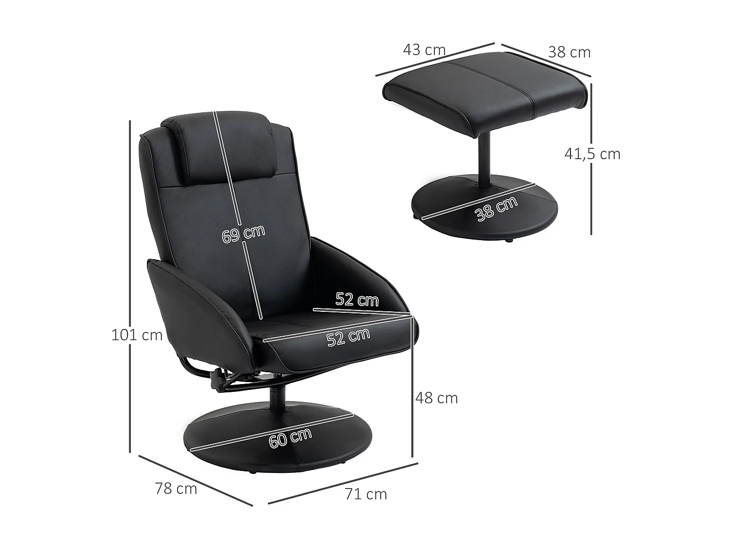 Poltrona Relax Reclinável 145° com Apoio para os Pés e Giro 360° - Estofada em PU e Estrutura de Aço - Modelo Nancy