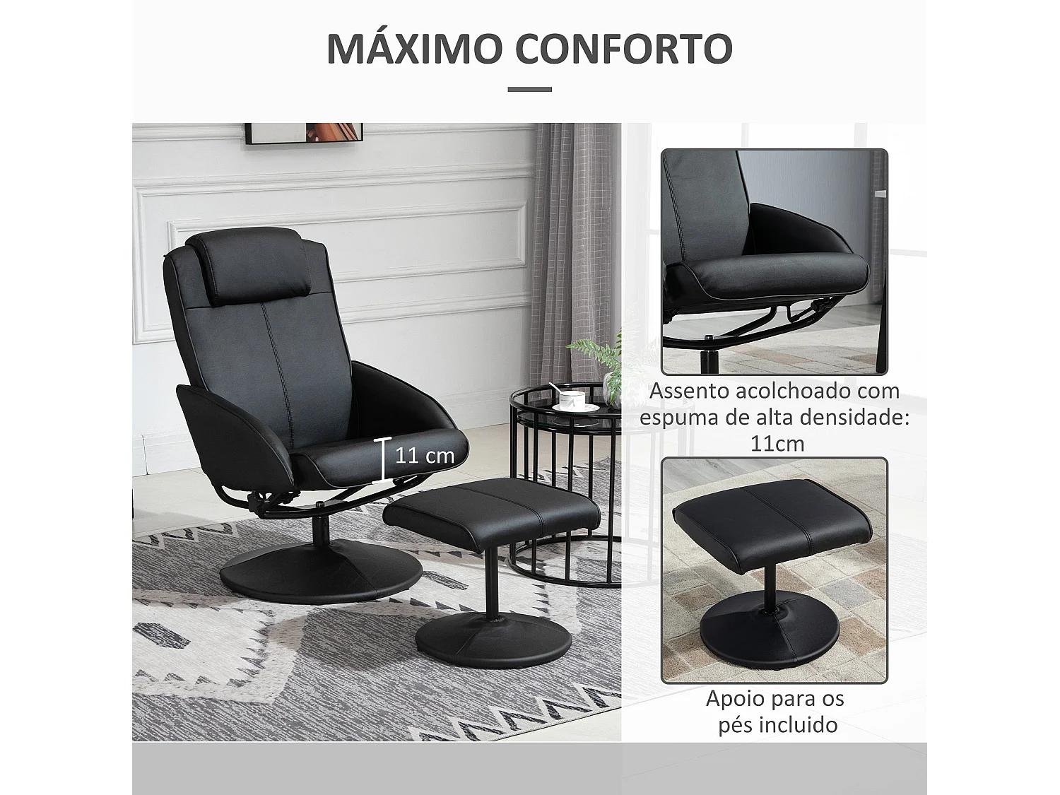Poltrona Relax Reclinável 145° com Apoio para os Pés e Giro 360° - Estofada em PU e Estrutura de Aço - Modelo Nancy