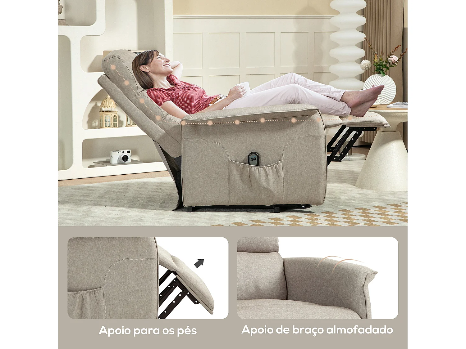 Sillón relax Marcelo Homcom reclinable sistema de elevación y mando a distancia beige 96x66x90 cm