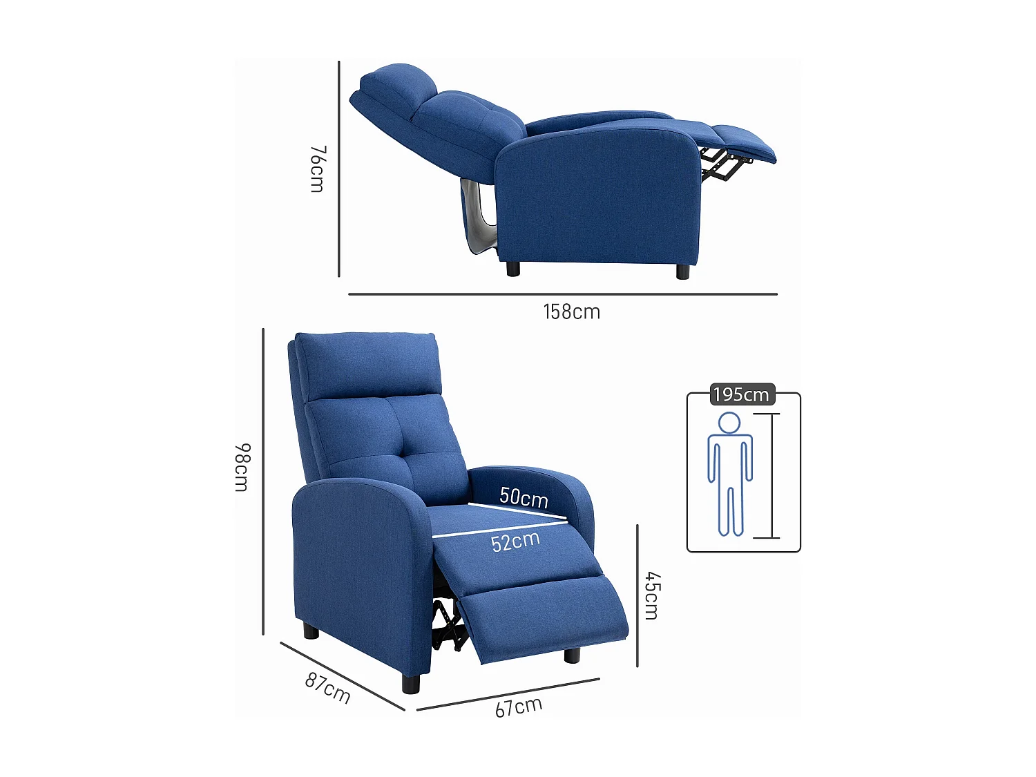 Sillón relax Gorrión Homcom reclinable con reposapiés azul 98x67x87 cm