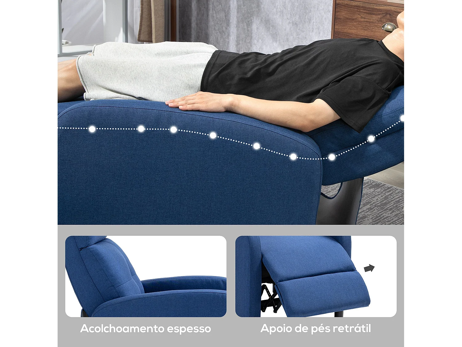 Sillón relax Gorrión Homcom reclinable con reposapiés azul 98x67x87 cm