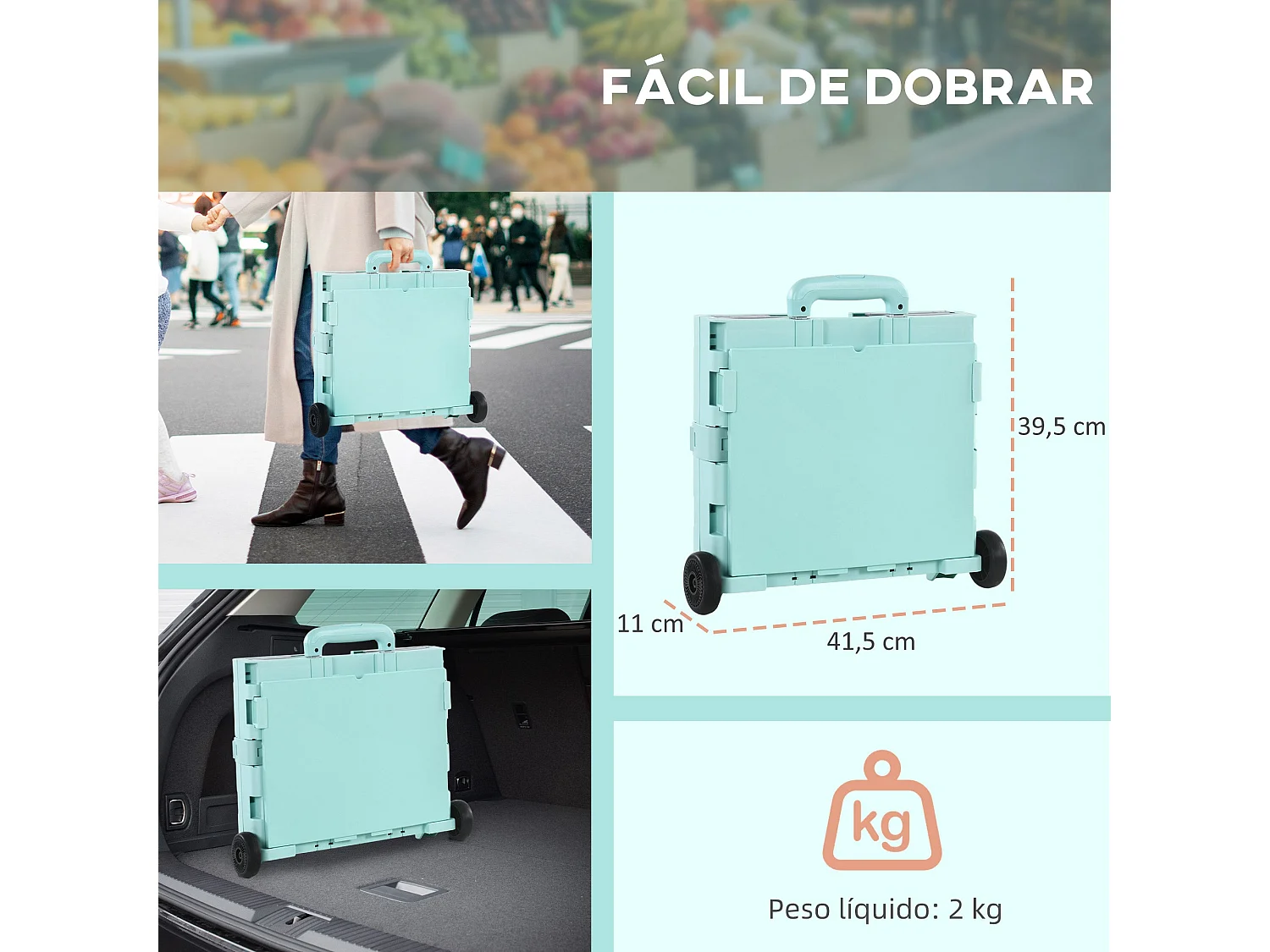 Carrito auxiliar Urkiola Homcom 32L con ruedas verde 85x41,5x32,5 cm