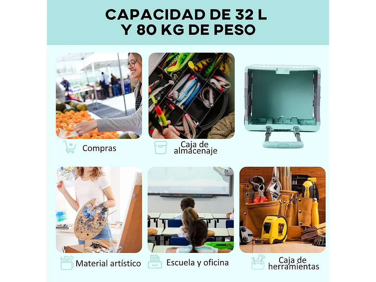 Carrito auxiliar Urkiola Homcom 32L con ruedas verde 85x41,5x32,5 cm