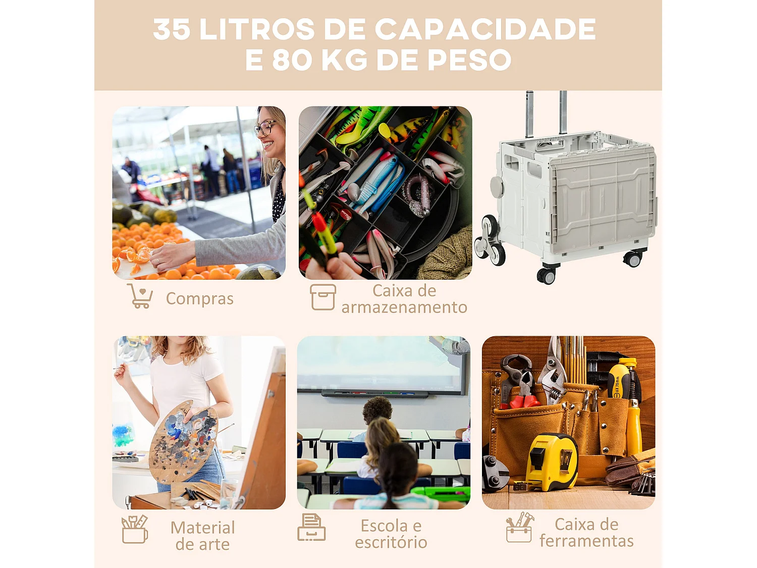 Carrito multiusos Roller Homcom 35L plegable blanco 95x43x48 cm