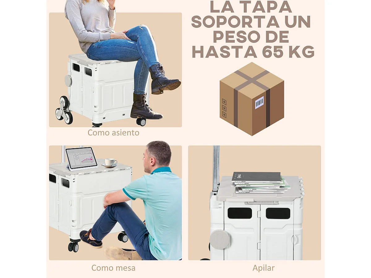 Carrito multiusos Roller Homcom 35L plegable blanco 95x43x48 cm