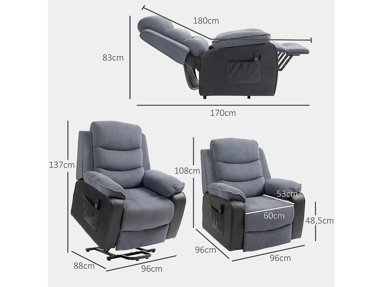 Poltrona Elevatória Reclinável com Controle Remoto e Apoio para os Pés - Modelo Belluno Cinza Escuro 96x96x108 cm