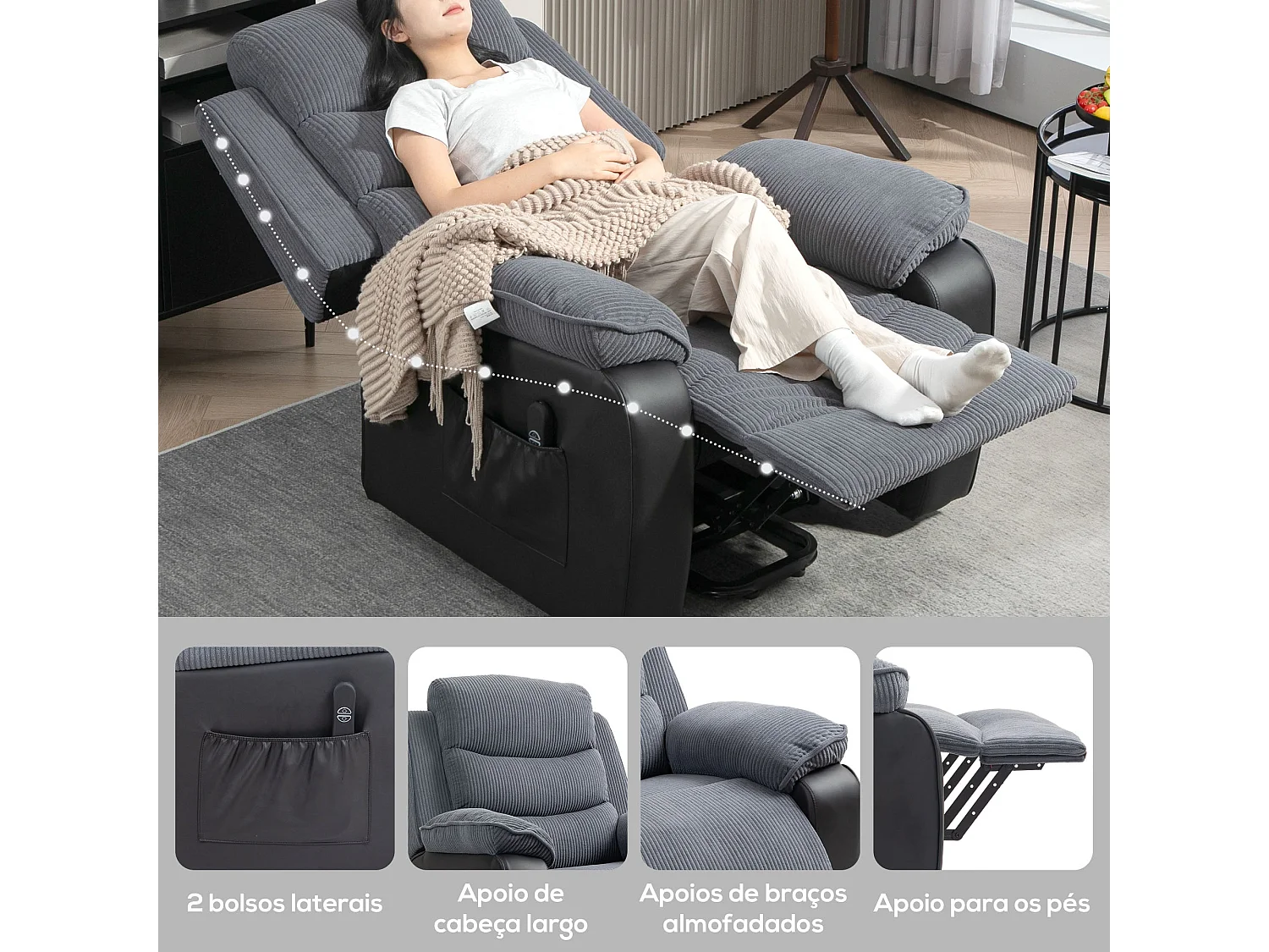 Poltrona Elevatória Reclinável com Controle Remoto e Apoio para os Pés - Modelo Belluno Cinza Escuro 96x96x108 cm