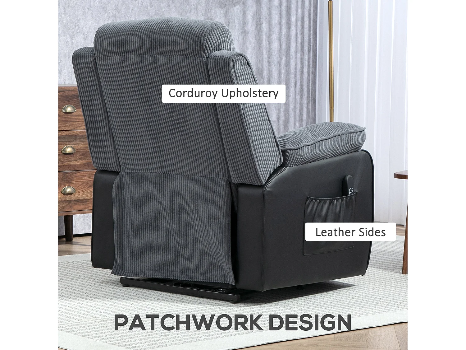 Poltrona Elevatória Reclinável com Controle Remoto e Apoio para os Pés - Modelo Belluno Cinza Escuro 96x96x108 cm