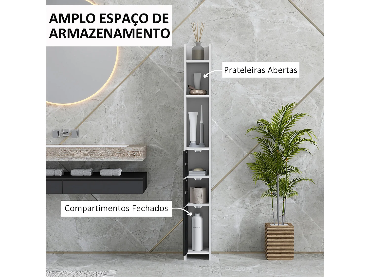 Columna de baño Liana Kleankin 3 puertas y 3 estantes blanco/negro 120x15x17 cm