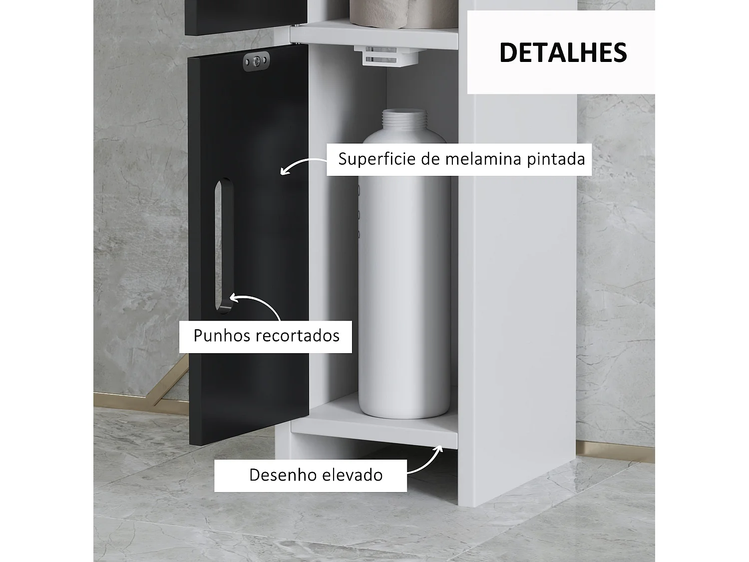 Armário Moderno Kleankin para Banheiro com 3 Portas e Prateleiras Abertas - Branco e Preto 15x17x120 cm