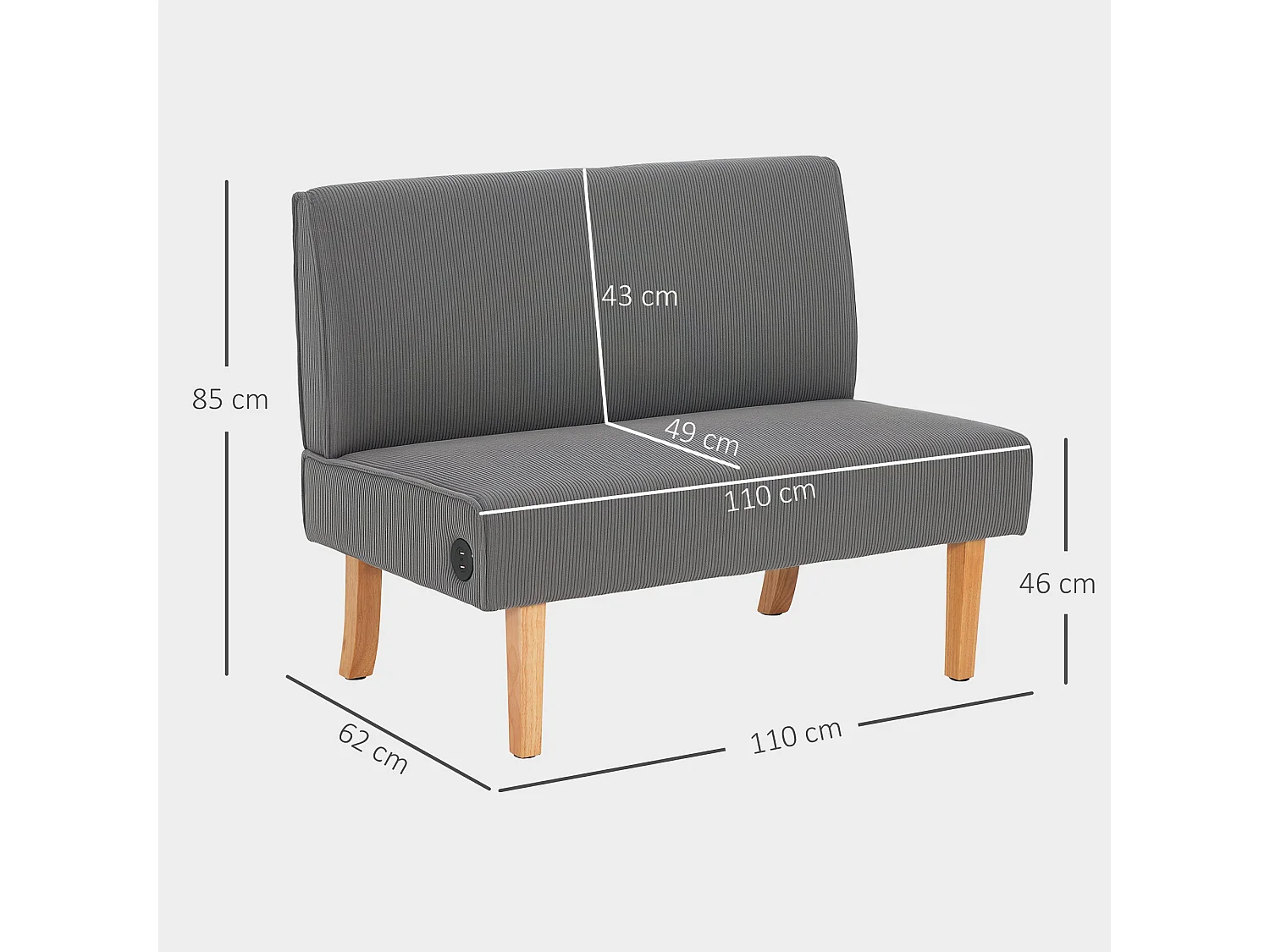 Sofá Ambar Homcom 2 plazas con 2 puertos de carga USB-C gris 85x110x60 cm