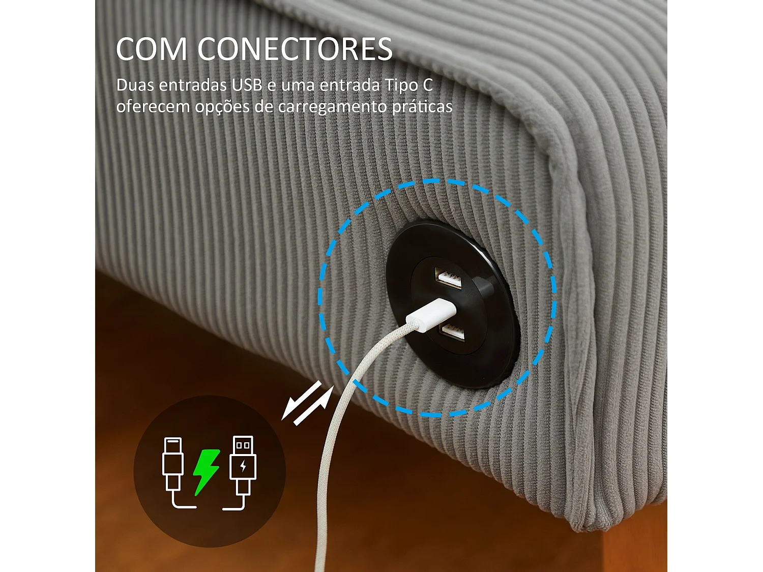 Sofá Ambar Homcom 2 plazas con 2 puertos de carga USB-C gris 85x110x60 cm