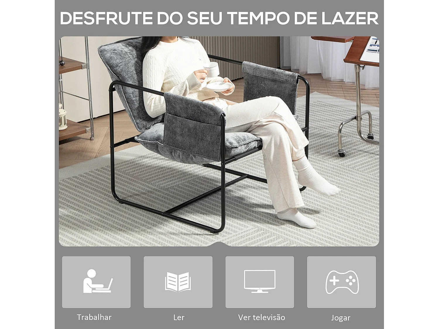 Butaca Albert Homcom bolsillos laterales gris 81x68x78 cm