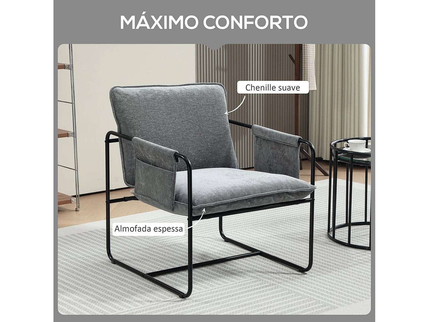 Butaca Albert Homcom bolsillos laterales gris 81x68x78 cm