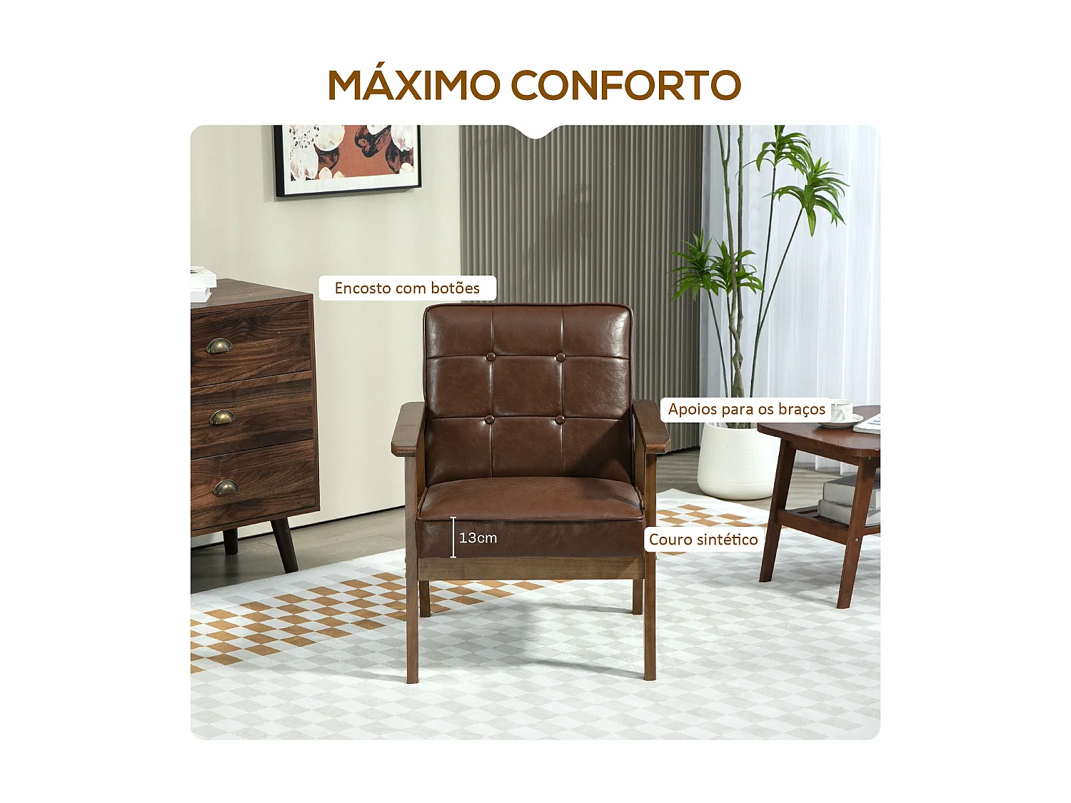 Poltrona Estofada Moderna para Sala de Estar com Apoio para Braços e Estrutura de Madeira de Borracha - Modelo Dijon