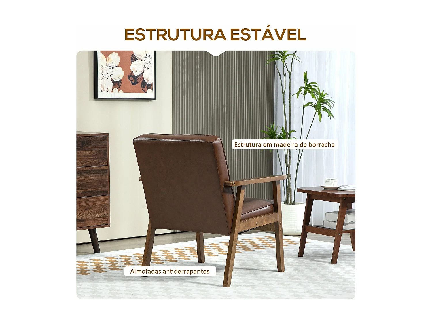 Poltrona Estofada Moderna para Sala de Estar com Apoio para Braços e Estrutura de Madeira de Borracha - Modelo Dijon