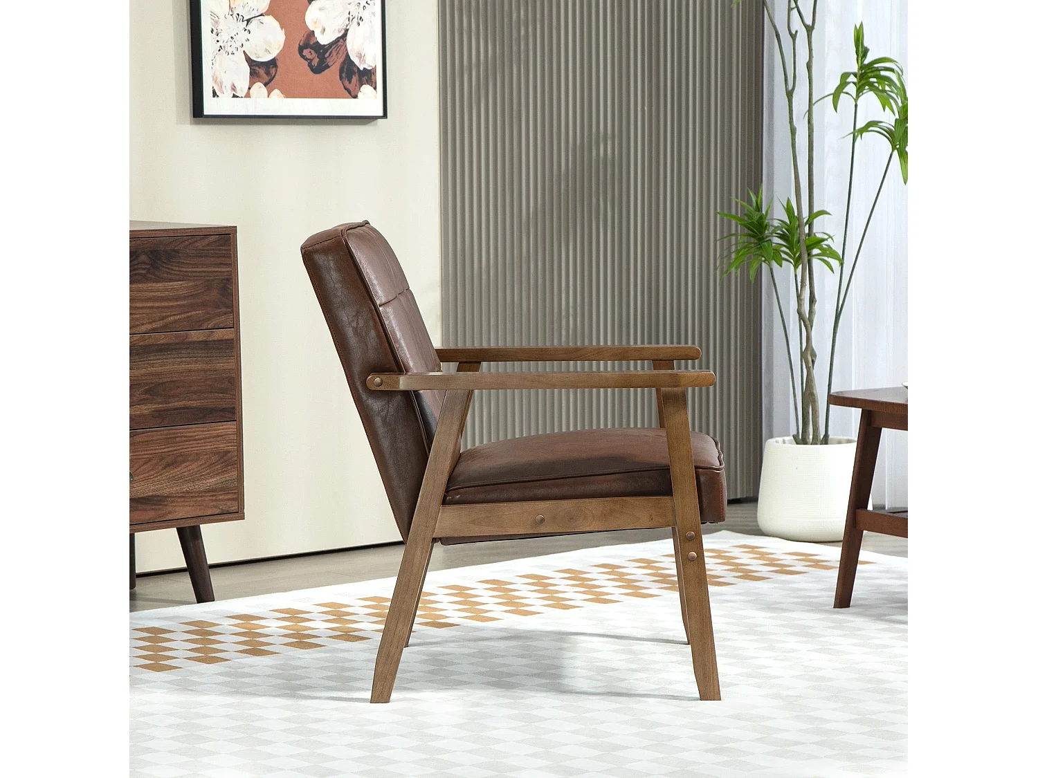 Poltrona Estofada Moderna para Sala de Estar com Apoio para Braços e Estrutura de Madeira de Borracha - Modelo Dijon