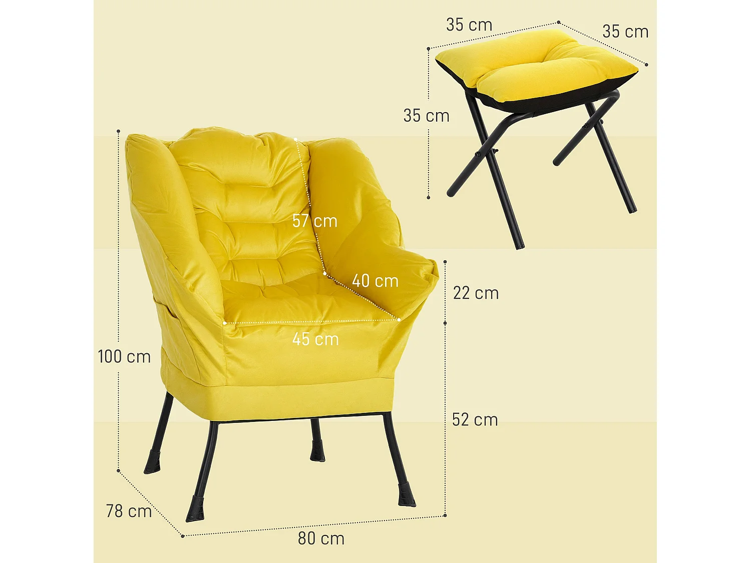 Butaca Nube Homcom con reposapiés amarillo 100x80x78 cm