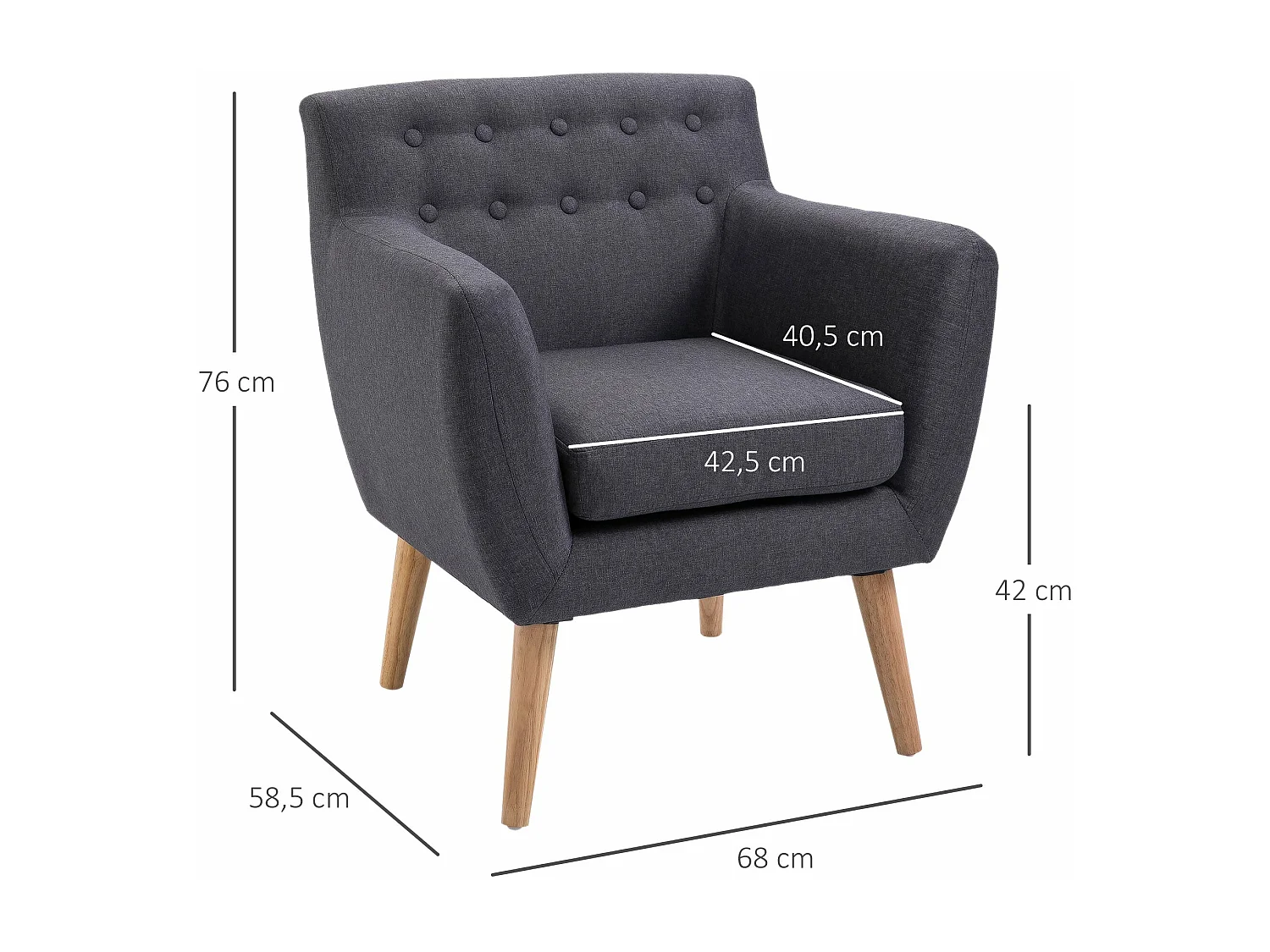 Poltrona Moderna para Sala de Estar e Dormitório com Apoio para Braços e Pés em Madeira - Sofá Individual Cinza Escuro 68x58,5x76 cm