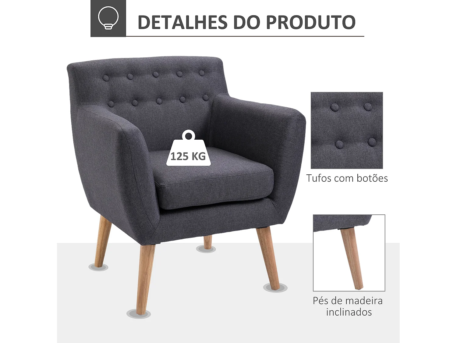 Poltrona Moderna para Sala de Estar e Dormitório com Apoio para Braços e Pés em Madeira - Sofá Individual Cinza Escuro 68x58,5x76 cm