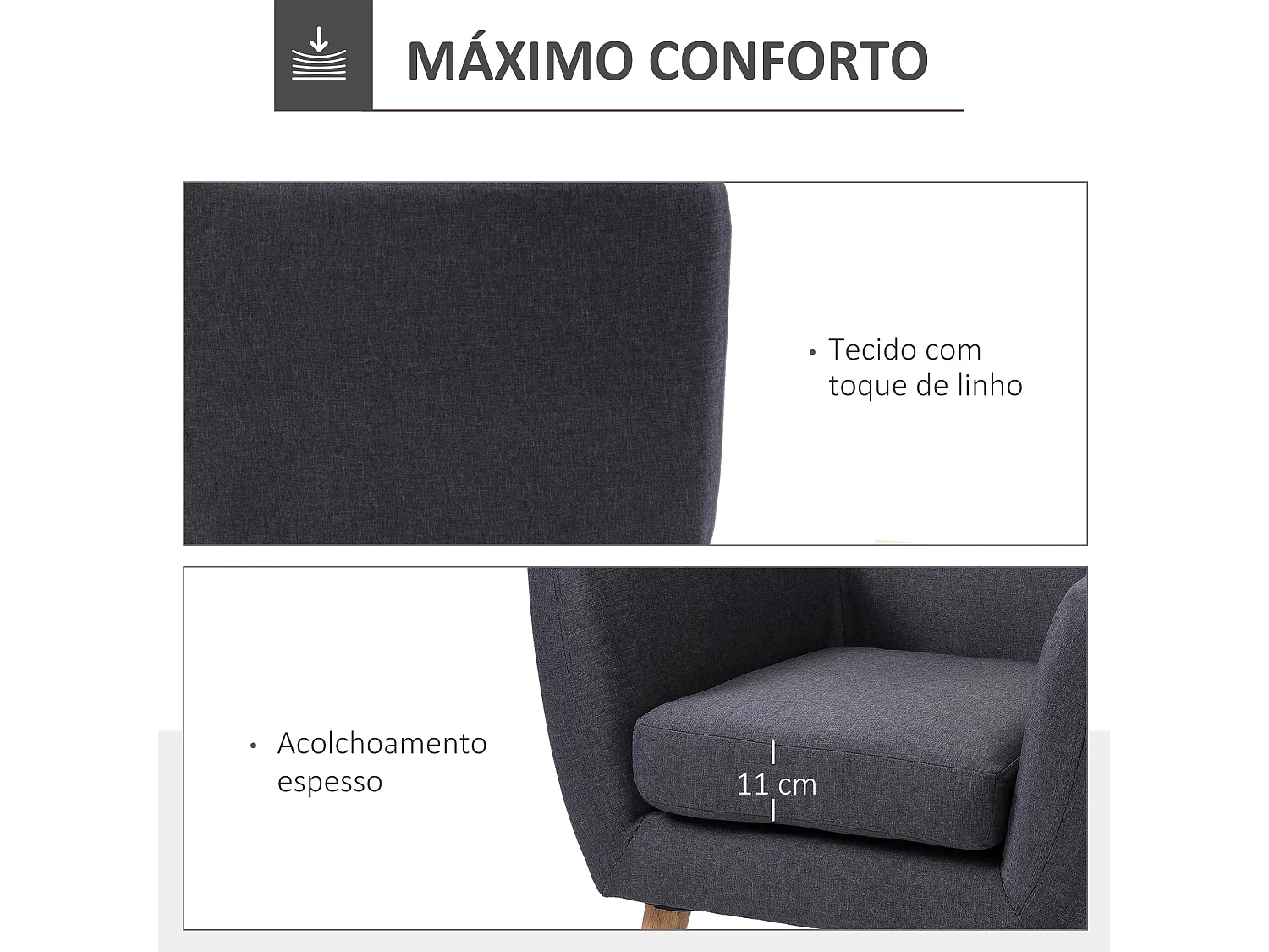 Poltrona Moderna para Sala de Estar e Dormitório com Apoio para Braços e Pés em Madeira - Sofá Individual Cinza Escuro 68x58,5x76 cm