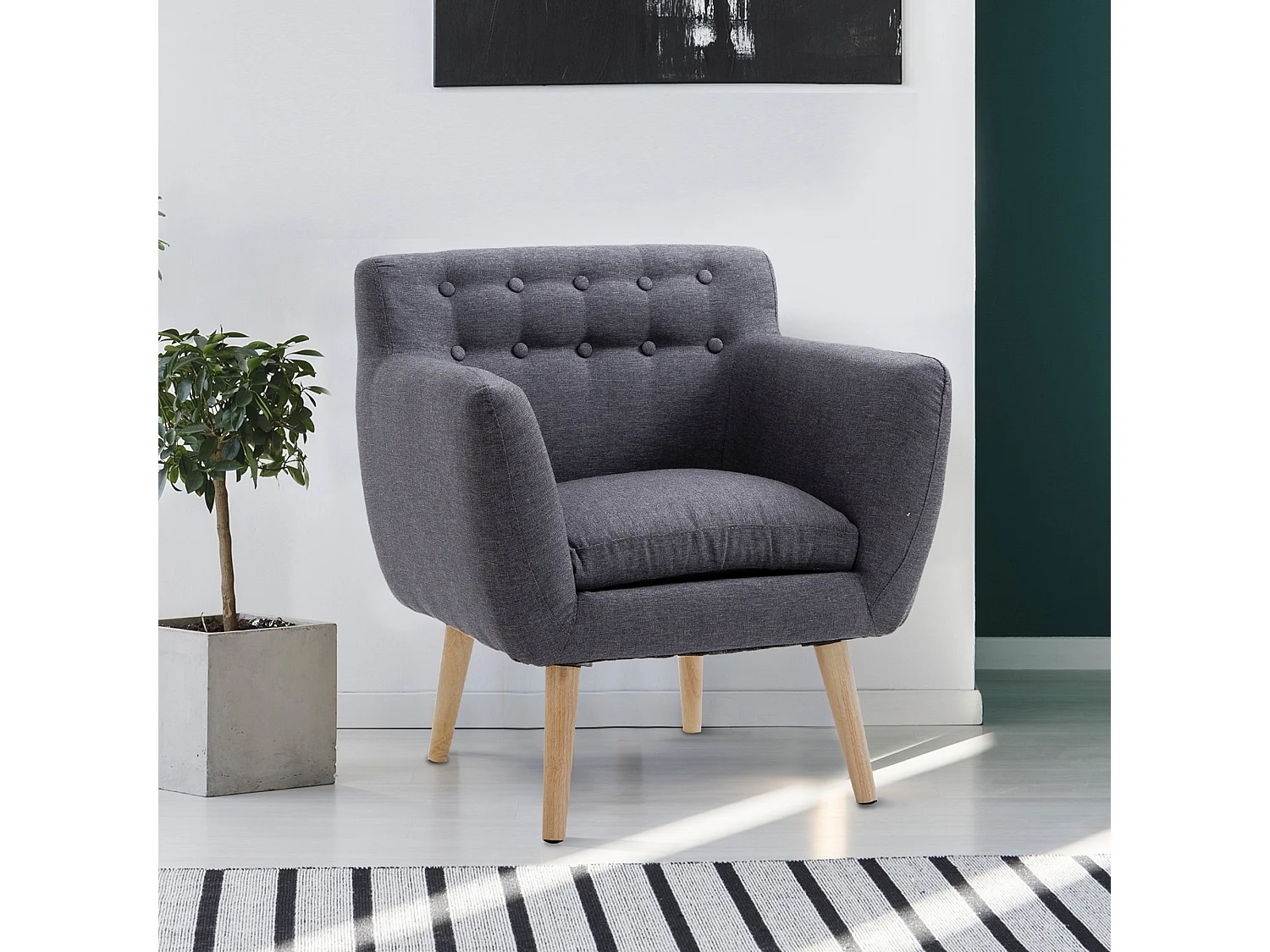 Poltrona Moderna para Sala de Estar e Dormitório com Apoio para Braços e Pés em Madeira - Sofá Individual Cinza Escuro 68x58,5x76 cm