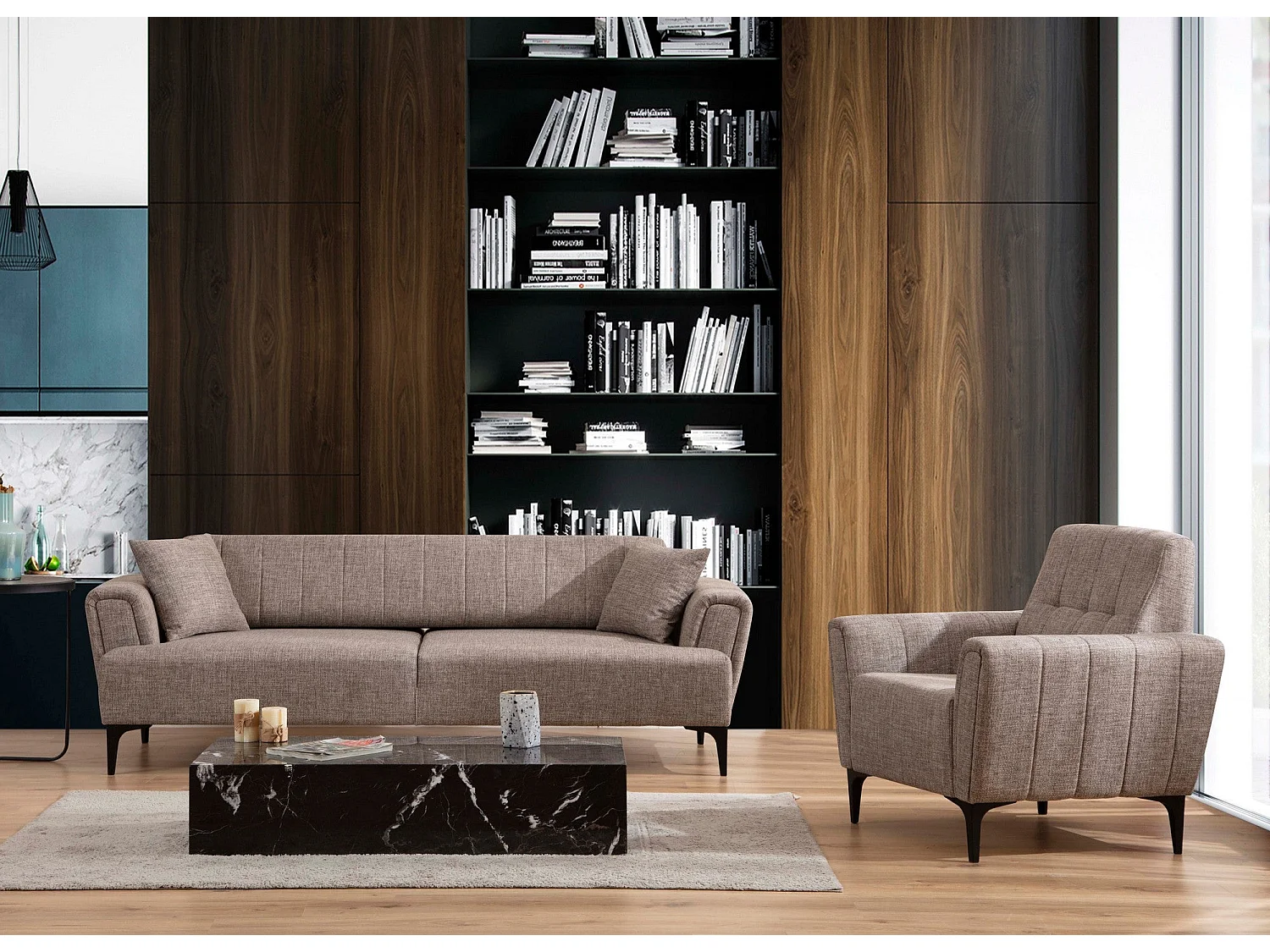 Eleganter 1-Sitzer-Sessel, hellbraun, 90 x 95 x 77 cm | Gestell aus Buchenholz und Spanplatte, Stoffbezug 100 % Polyester | Schaumstoffkisse