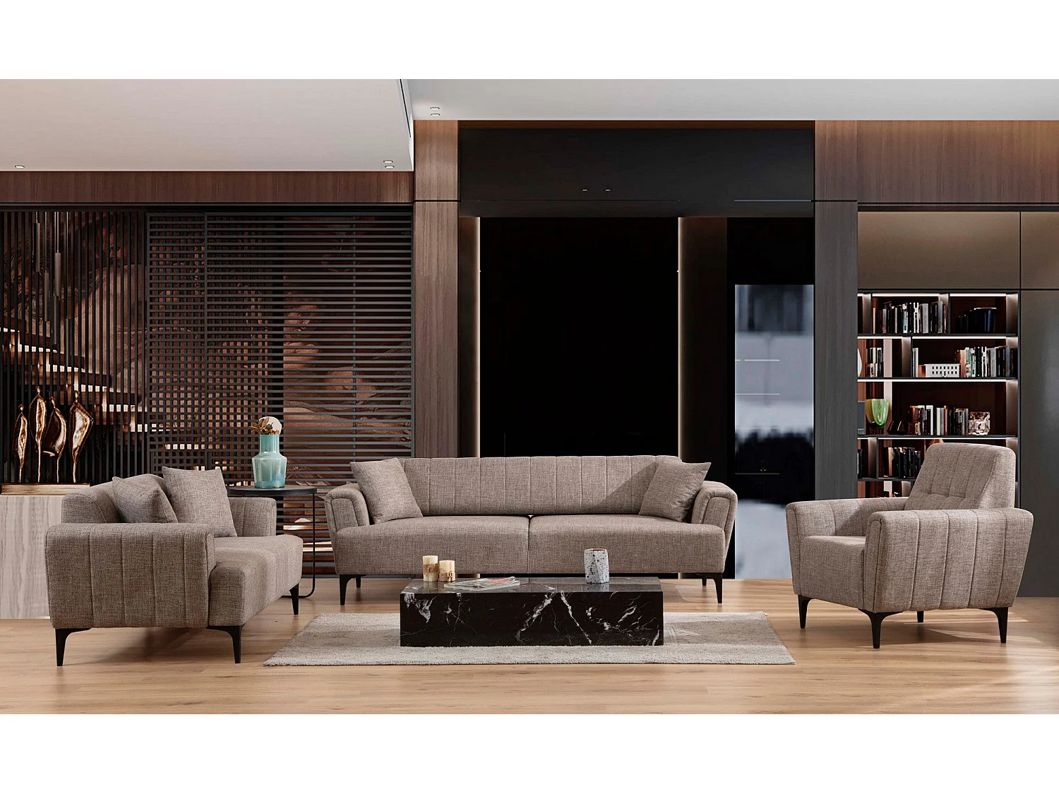 Eleganter 1-Sitzer-Sessel, hellbraun, 90 x 95 x 77 cm | Gestell aus Buchenholz und Spanplatte, Stoffbezug 100 % Polyester | Schaumstoffkisse