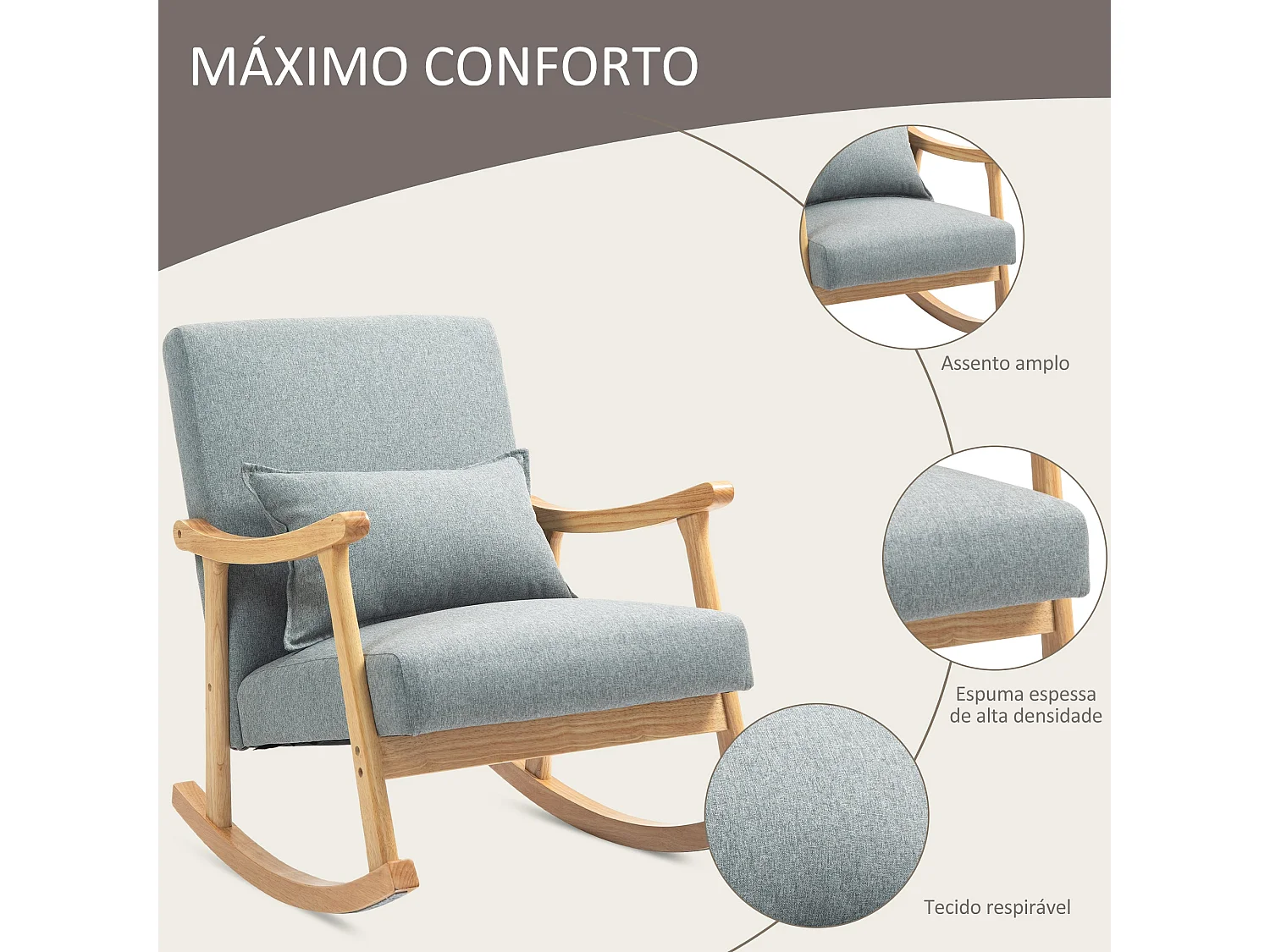 Poltrona Baloiço Moderna Claire em Cinzento Claro e Madeira - Conforto e Estilo para Sua Casa