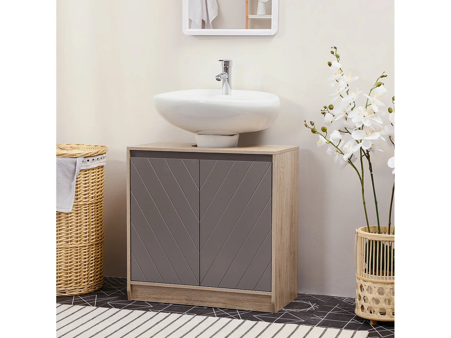 Móvel para Lavatório Belluno em Carvalho e Cinza com Prateleira Ajustável e Portas Duplas - 60x30x59,8 cm