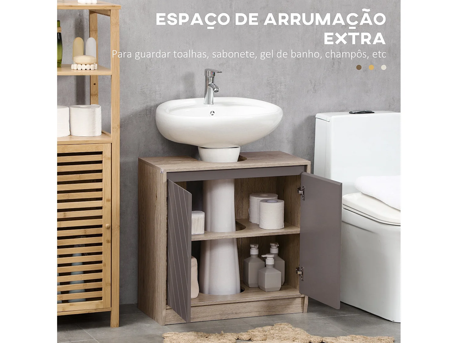 Móvel para Lavatório Belluno em Carvalho e Cinza com Prateleira Ajustável e Portas Duplas - 60x30x59,8 cm