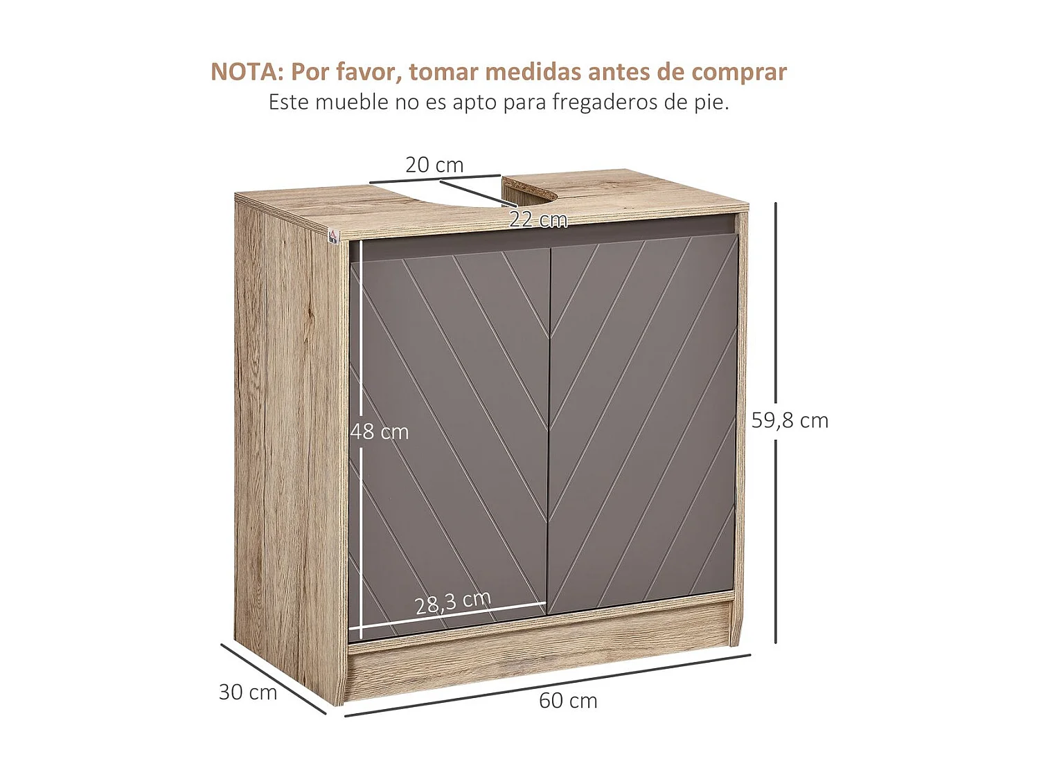 Móvel para Lavatório Belluno em Carvalho e Cinza com Prateleira Ajustável e Portas Duplas - 60x30x59,8 cm