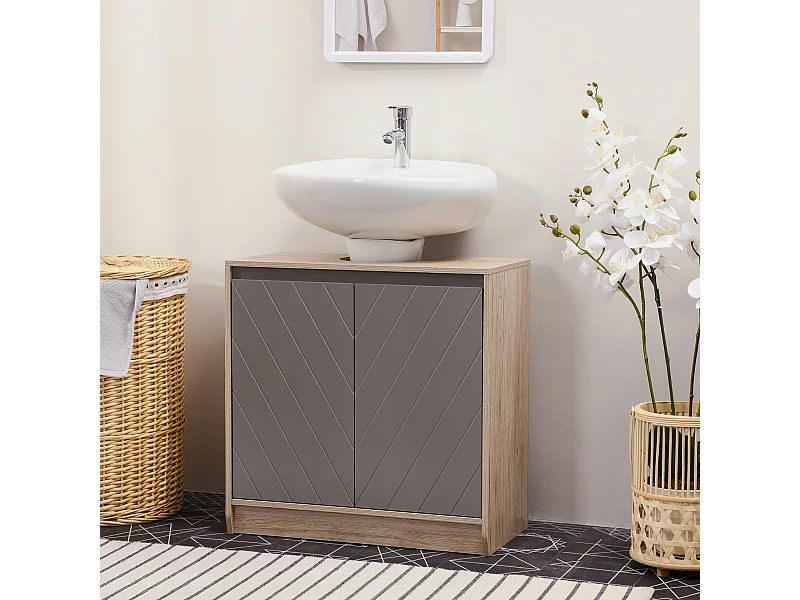 Móvel para Lavatório Belluno em Carvalho e Cinza com Prateleira Ajustável e Portas Duplas - 60x30x59,8 cm