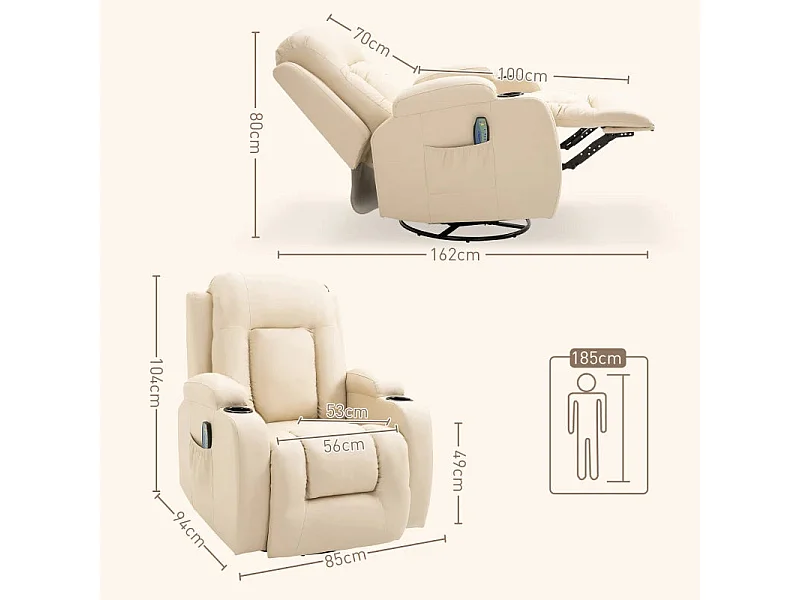 Poltrona de Massagem Reclinável com Aquecimento e Controle Remoto - 8 Pontos de Massagem - 150° - Creme