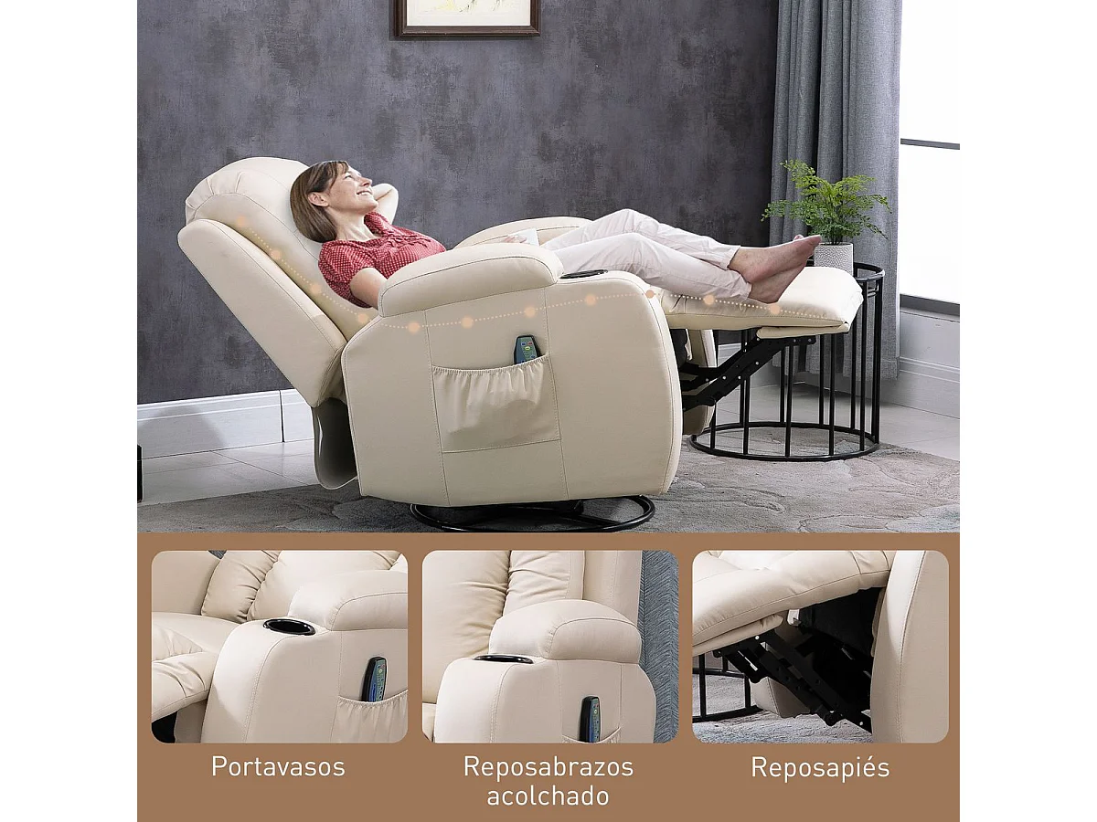 Poltrona de Massagem Reclinável com Aquecimento e Controle Remoto - 8 Pontos de Massagem - 150° - Creme