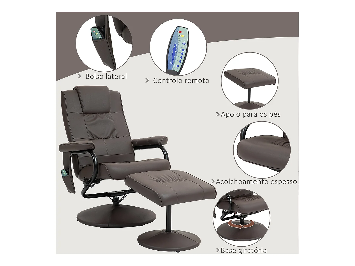 Sillón de masaje Spark Homcom 5 modos + reposapiés marrón 95x84x77cm
