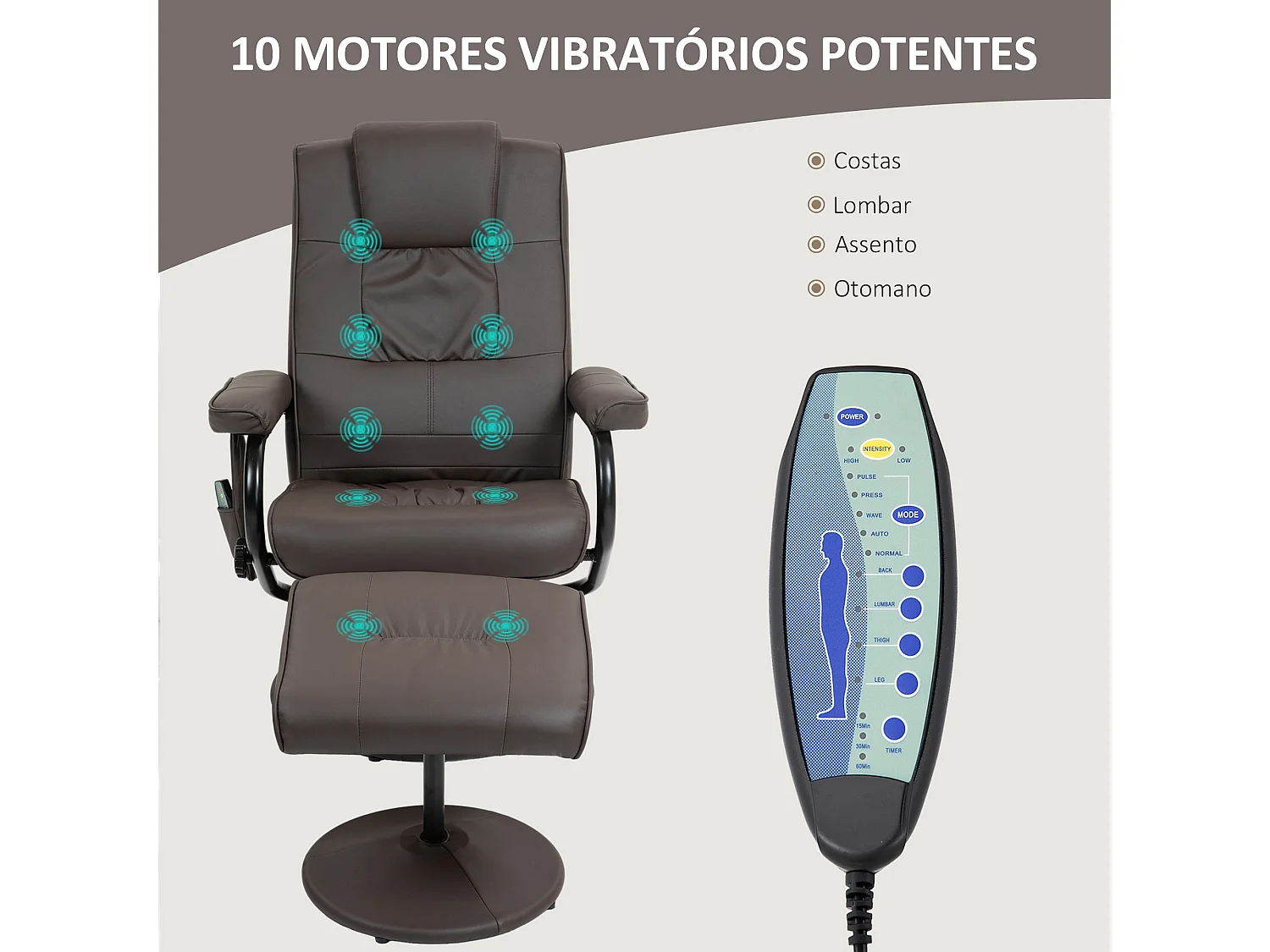Poltrona de Massagem Elétrica Reclinável e Giratória com Controle Remoto e 10 Zonas de Massagem