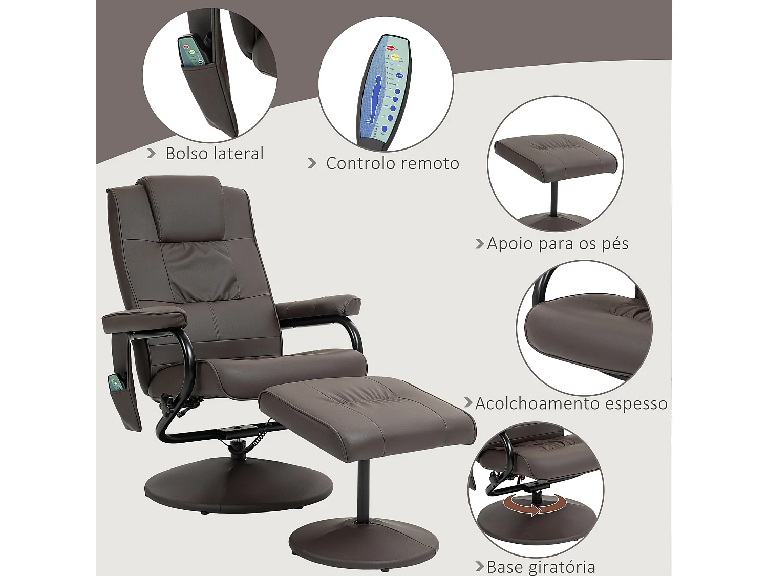 Poltrona de Massagem Elétrica Reclinável e Giratória com Controle Remoto e 10 Zonas de Massagem