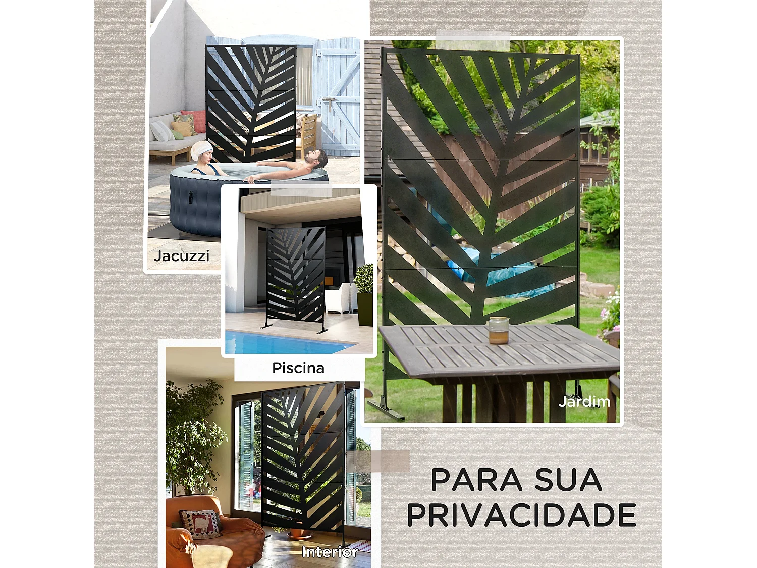 Biombo Decorativo de 3 Peças em Aço com Padrão de Folha de Bananeira para Jardim e Varanda 122x45x198 cm Preto
