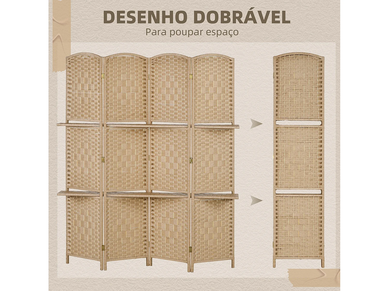 Biombo Dobrável de 4 Painéis com Prateleiras para Escritório e Quarto - Modelo Västerås