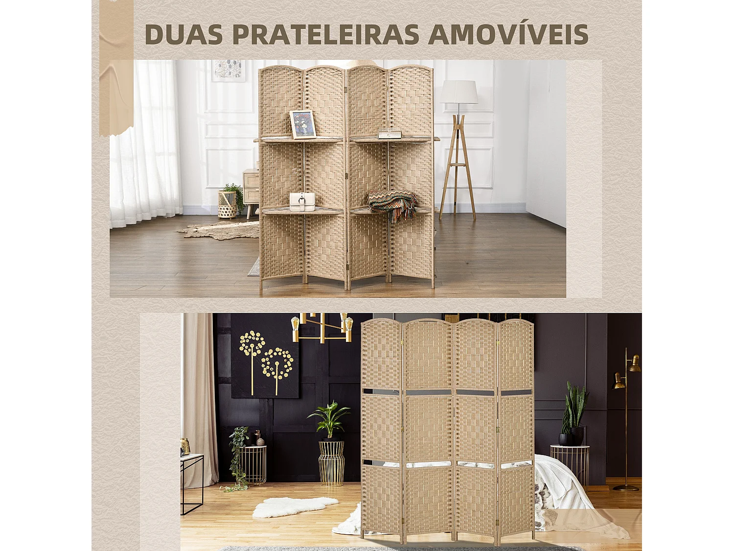 Biombo Dobrável de 4 Painéis com Prateleiras para Escritório e Quarto - Modelo Västerås