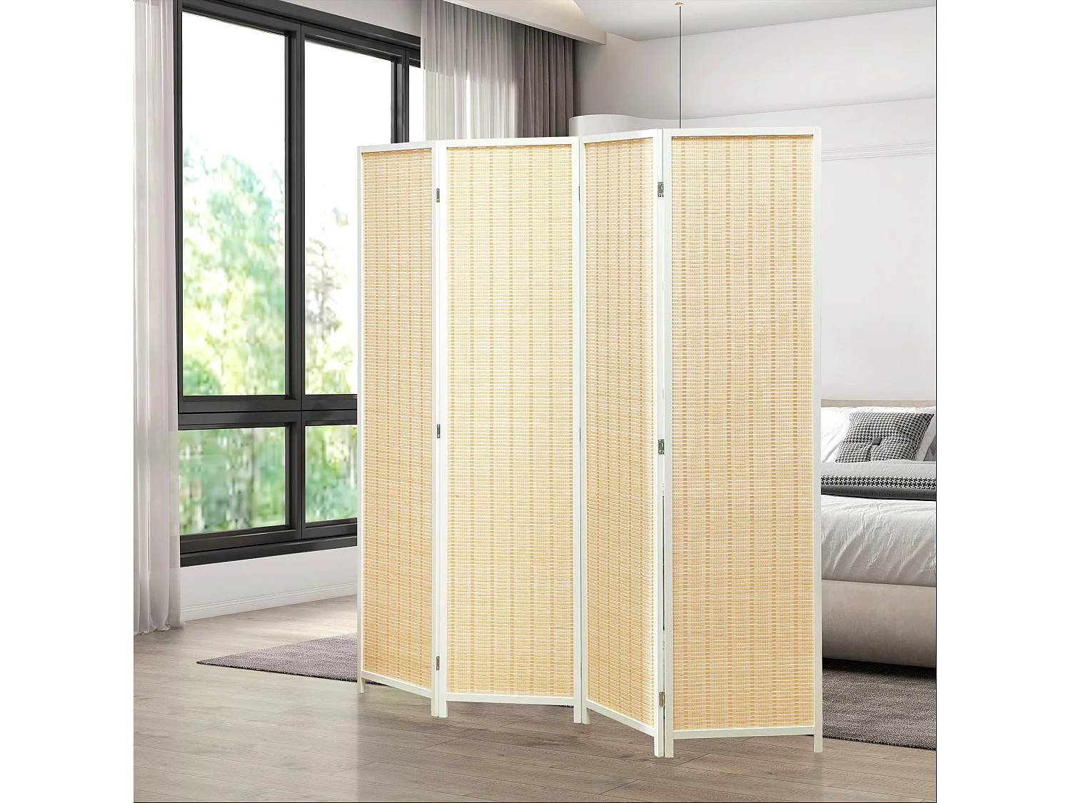 Biombo Elegante de 4 Painéis Dobrável em Bambu e Algodão - 180x180 cm para Divisão de Ambientes