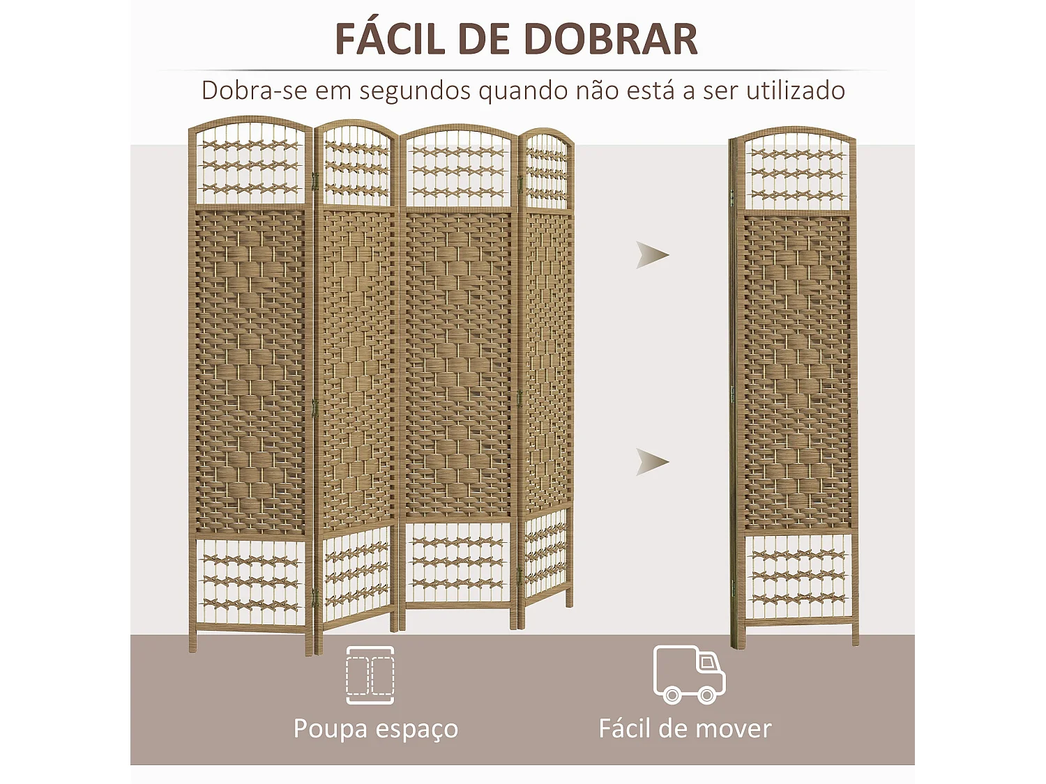 Biombo Dobrável de 4 Painéis para Separação de Ambientes - Estrutura de Madeira e Corda de Papel, 160x170 cm, Modelo Chamonix
