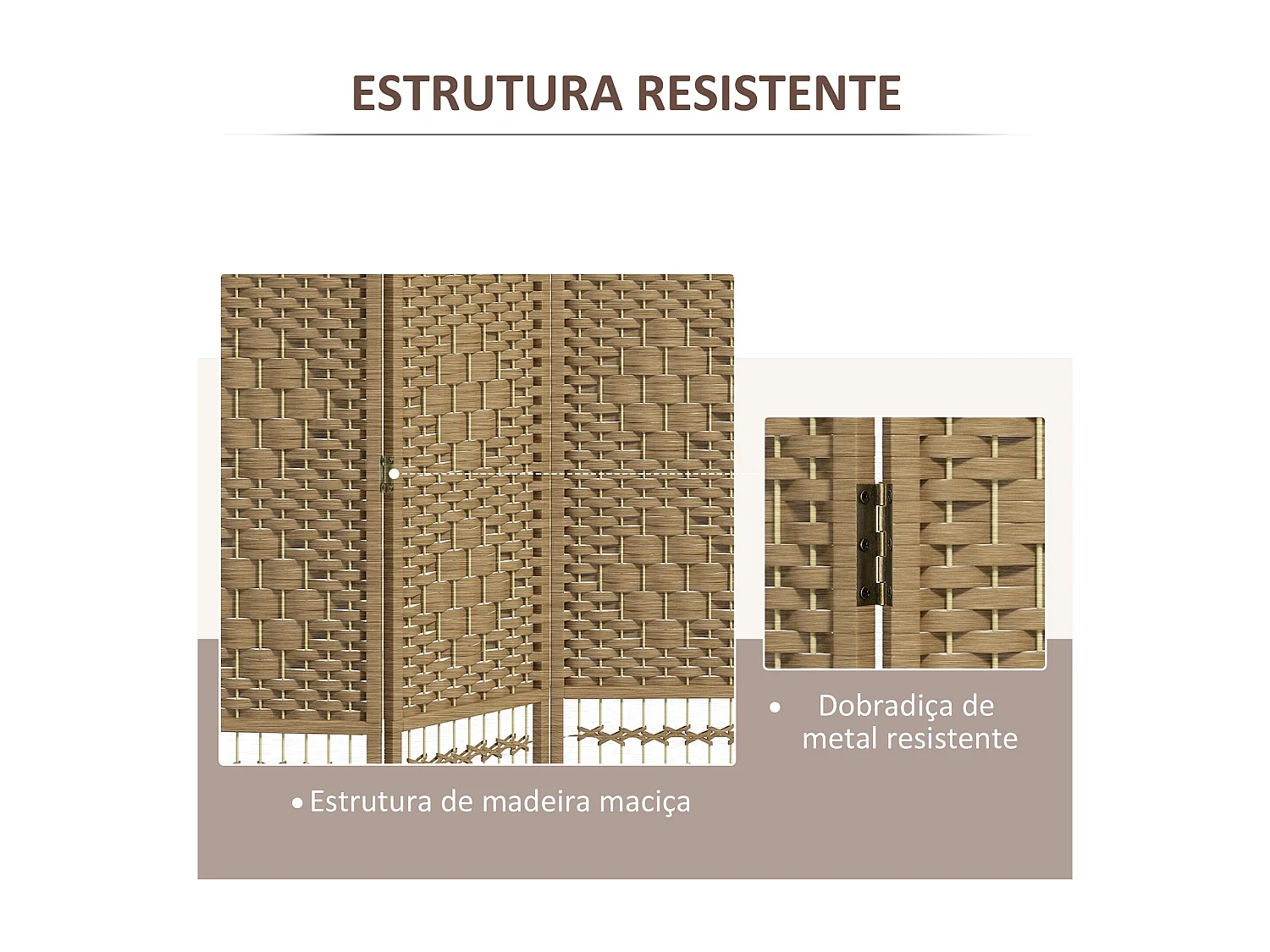 Biombo Dobrável de 4 Painéis para Separação de Ambientes - Estrutura de Madeira e Corda de Papel, 160x170 cm, Modelo Chamonix
