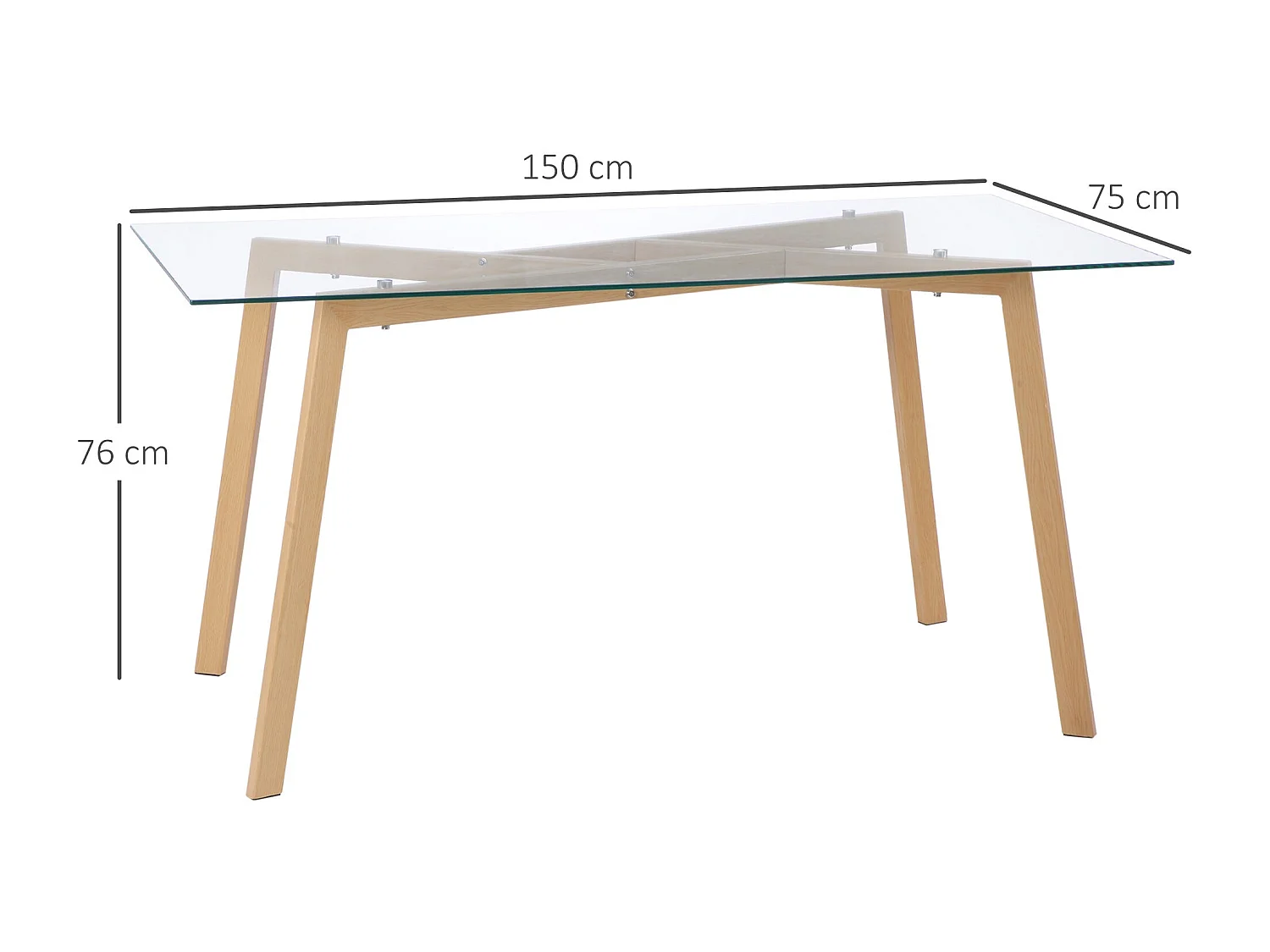 Mesa de Jantar "Lund" em Vidro Temperado com Estrutura Metálica Efeito Madeira - 150x75x76 cm