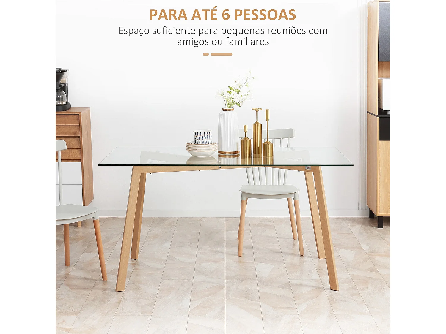 Mesa de Jantar "Lund" em Vidro Temperado com Estrutura Metálica Efeito Madeira - 150x75x76 cm