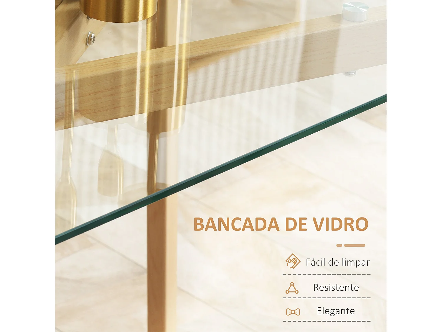 Mesa de Jantar "Lund" em Vidro Temperado com Estrutura Metálica Efeito Madeira - 150x75x76 cm