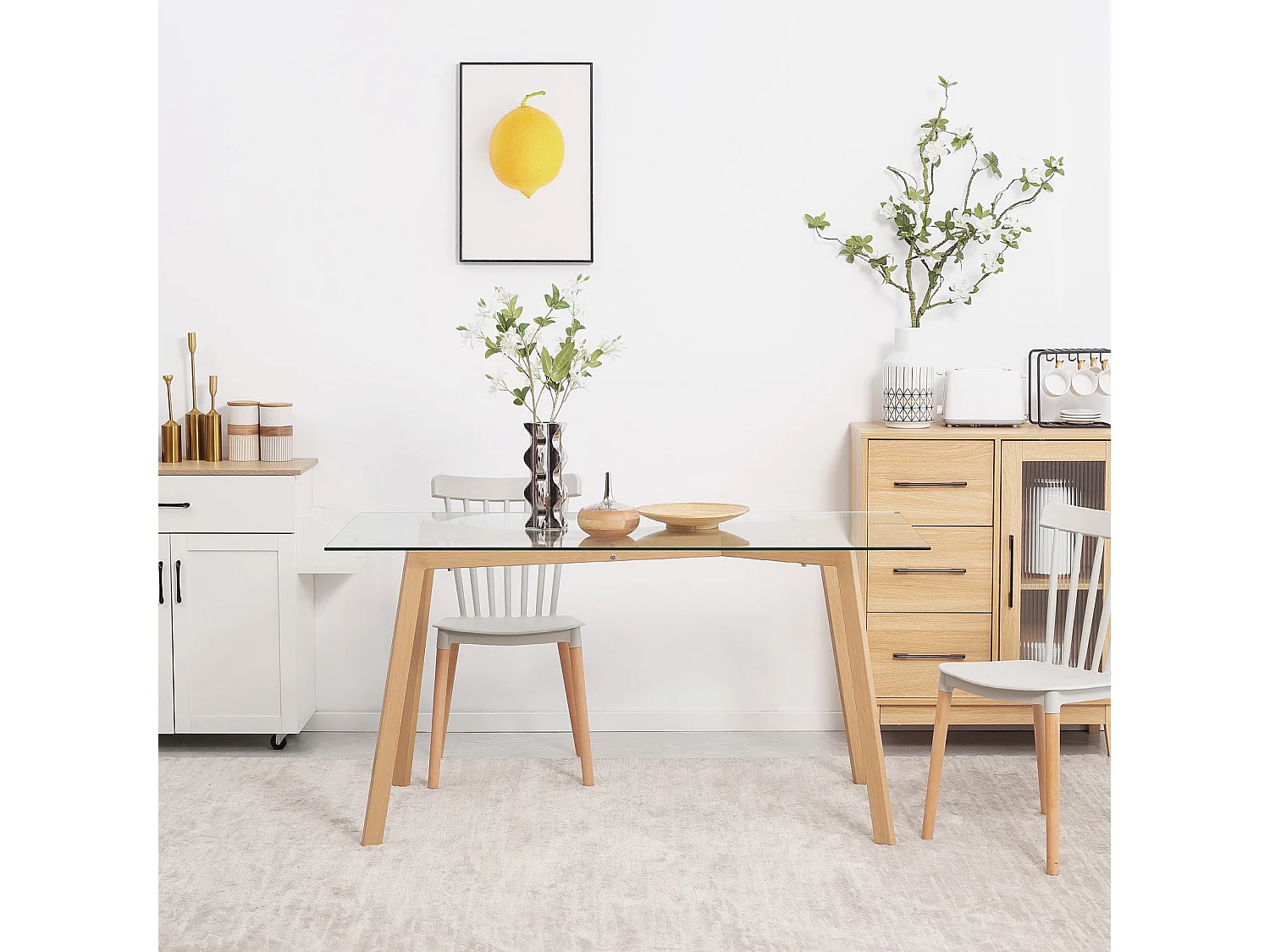 Mesa de Jantar "Lund" em Vidro Temperado com Estrutura Metálica Efeito Madeira - 150x75x76 cm