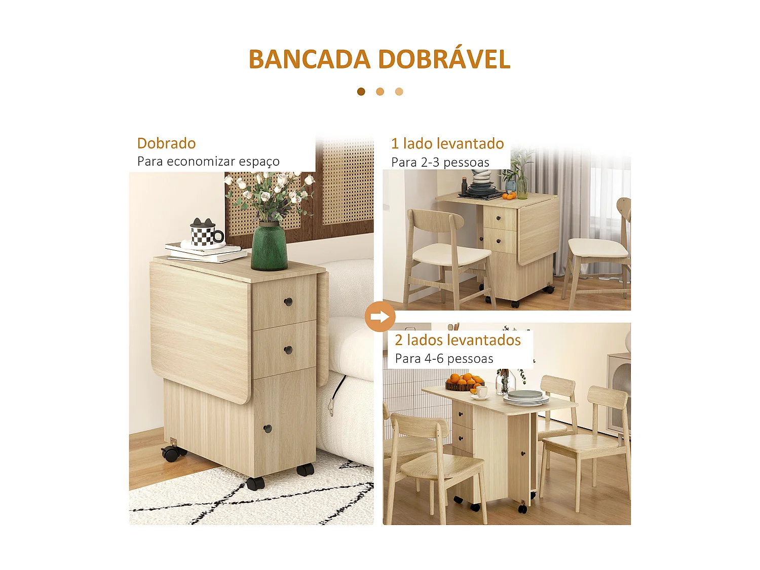 Mesa de Jantar Dobrável Porto com Rodas – 120x60 cm – Solução Compacta e Elegante