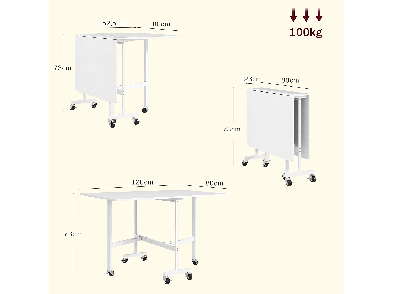 Mesa Dobrável de Cozinha Lucca para 4-6 Pessoas com Rodas e Laterais Dobráveis - 120x80x73 cm - Branca